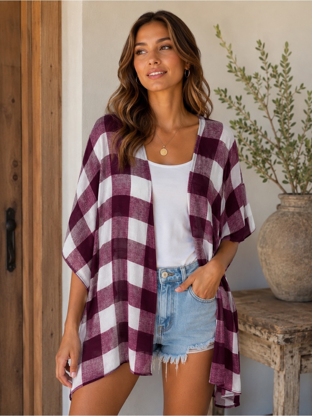 Cozy  cardigan open front Women's Burgundy & White Buffalo Plaid